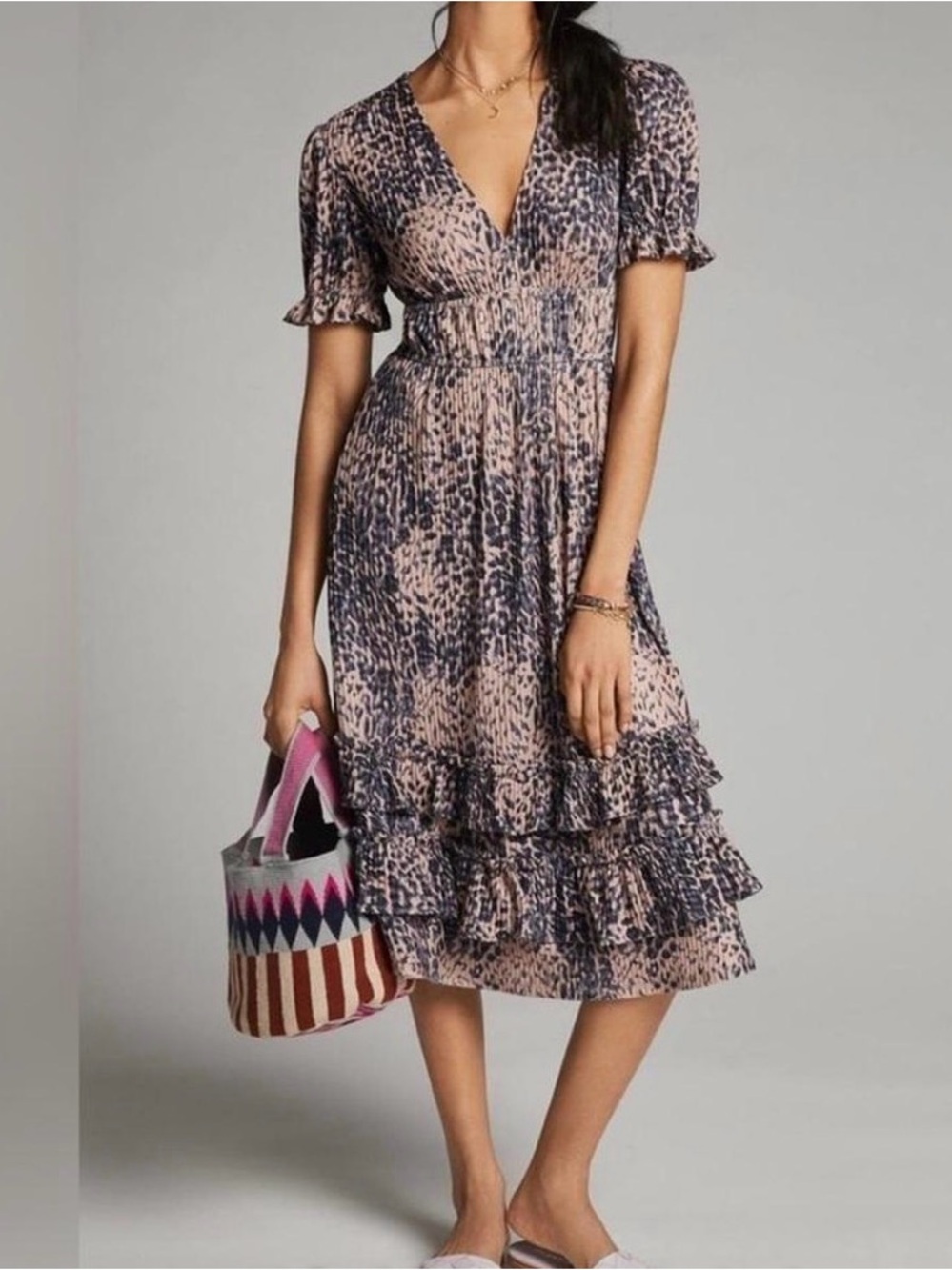 Hutch Pink and Navy Printed Smocked Midi Dress